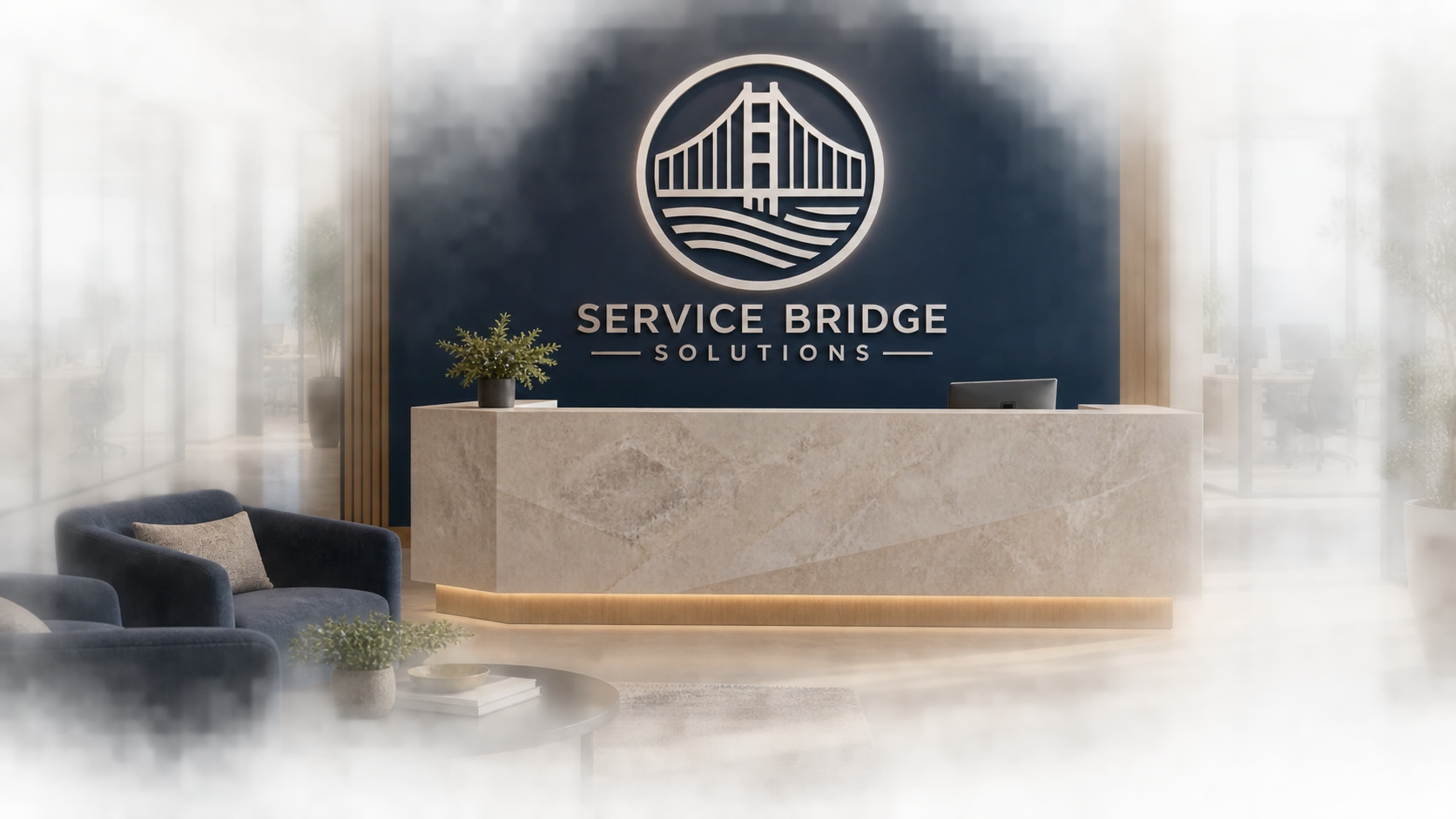 Service Bridge Solutions branded office reception concept with a large bridge logo on a navy wall
