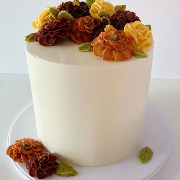 Buttercream floral cake from Lisa's Bouqcakes Dublin Ca bakery. Fall themed 6 inch special occasion