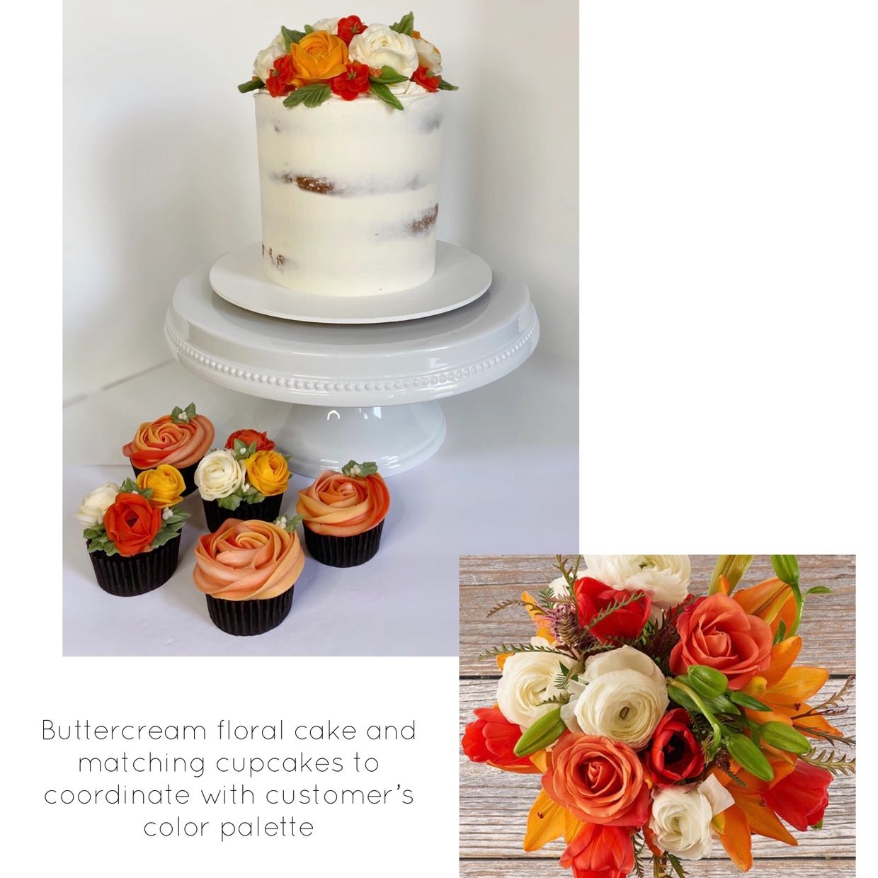 Beautiful buttercream flower cake on white pedestal with flower cupcakes at base for a wedding 