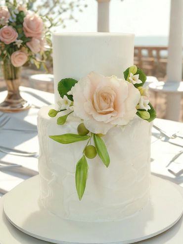 Beautiful and elegant sugar rose, olive branch and small white sugar flowers on tiered cake