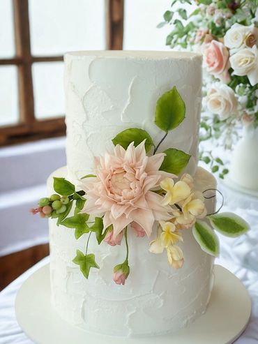 Two tier micro wedding cake with hand made pink dahlia, roses and filler flowers.