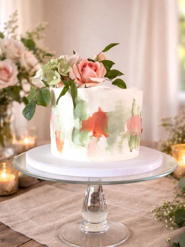 Birthday cake with pallet knife painting and sugar flowers