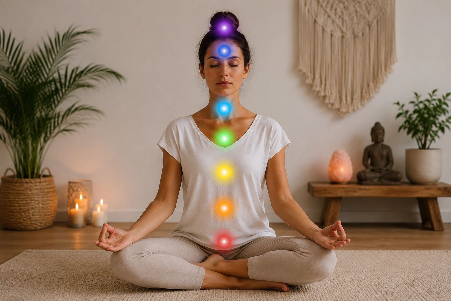 Woman meditating with chakras highlighted.