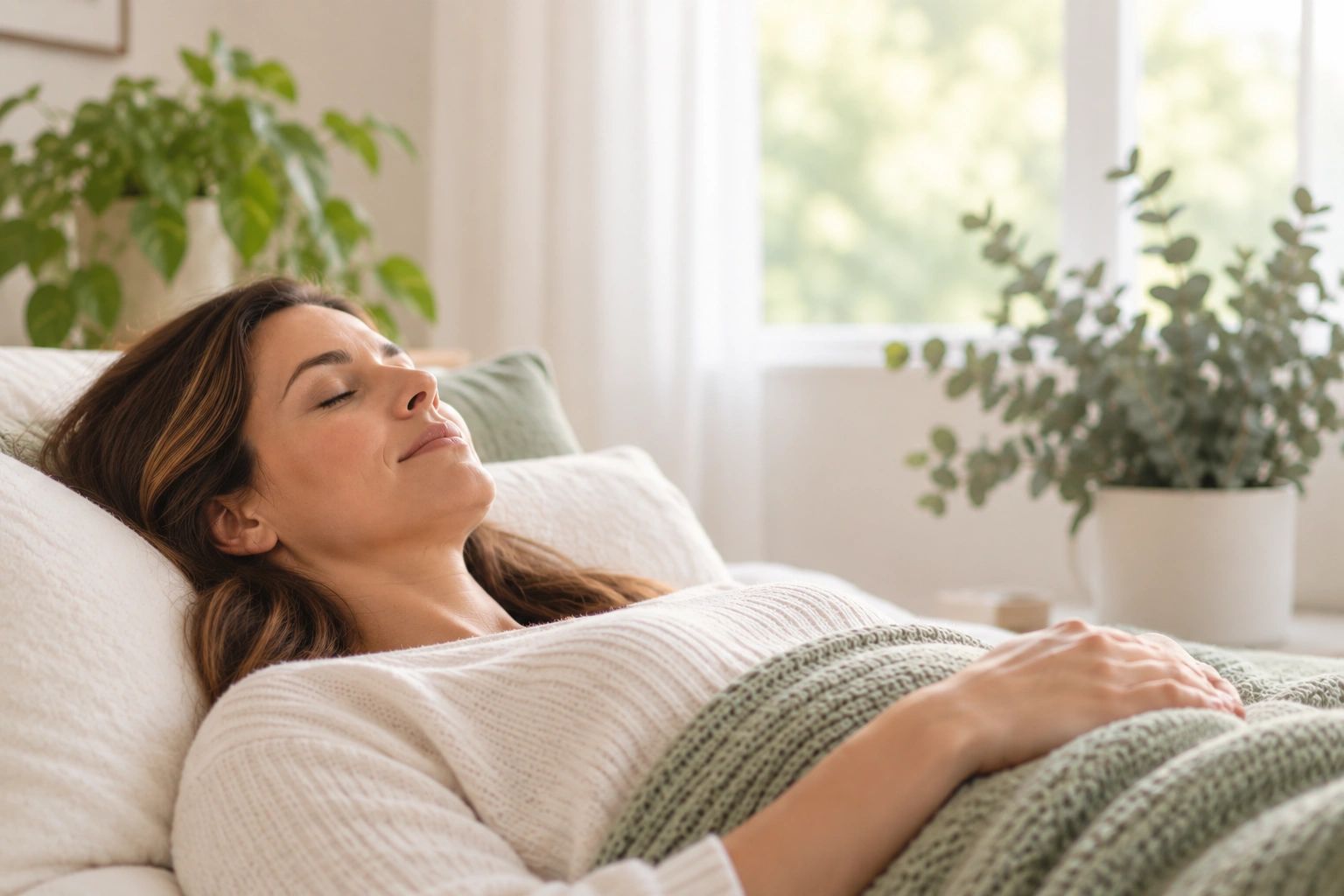 Woman relaxing at home during an online distance Reiki session