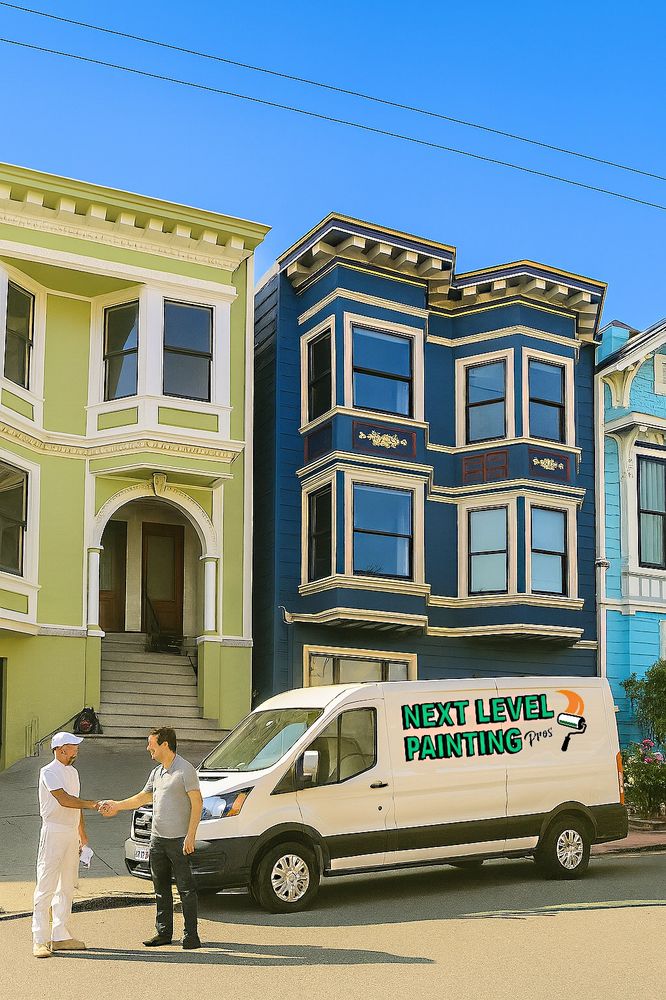 Two men shaking hands near a painting service van in front of colorful houses.