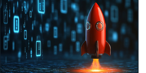 A red rocket launches amidst glowing digital data streams in a futuristic setting.