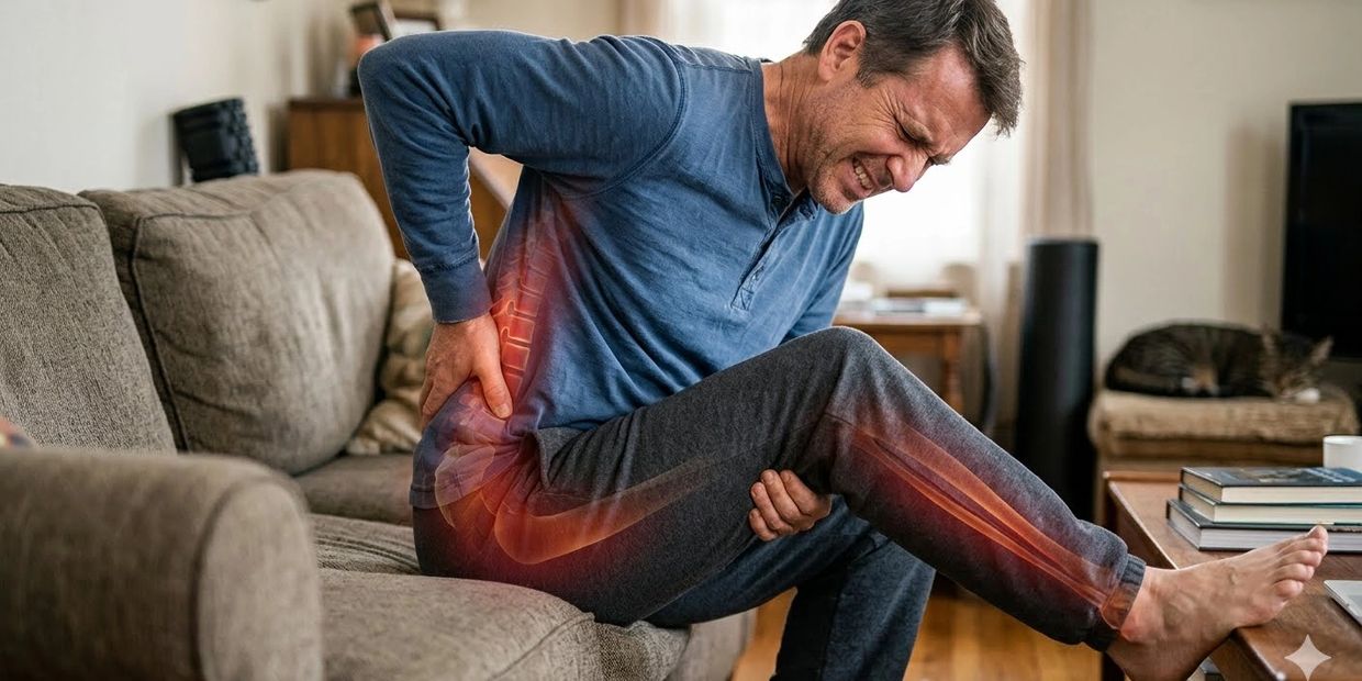 Picture of man with Sciatic Nerve damage. Lower back to bottom of right leg.