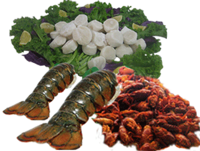 Lobster tails, crawfish, and scallops with greens.