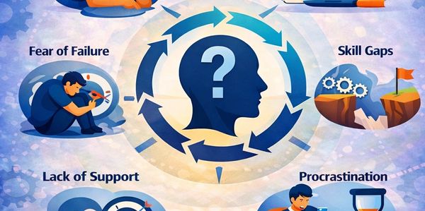 Infographic showing common student struggles like lack of motivation, procrastination, and skill gaps.