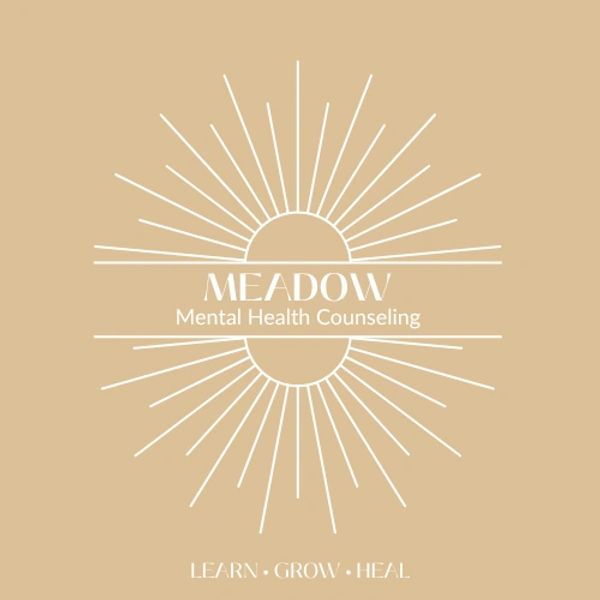 Logo for Meadow Mental Health Counseling with sunburst design and healing message.