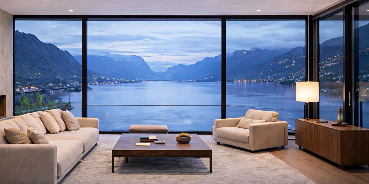 Salon moderne avec vue sur le lac et les montagnes, bien immobilier proposé par NIDEO Immo.