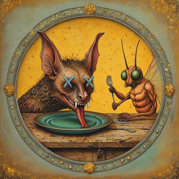 Baddie Batfly eating a fresh bat head