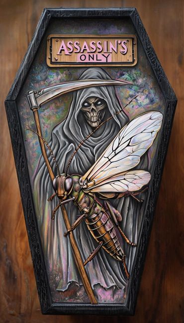 Assassin bug holding a scythe with the grim reaper looming in the background