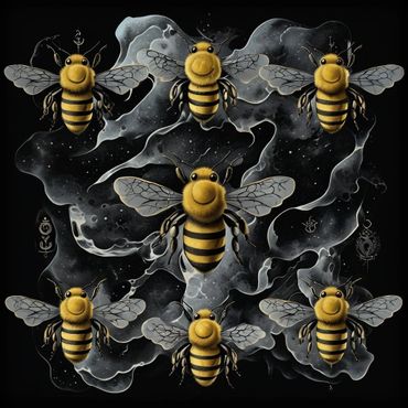 A cult of bees with a watery background and hidden symbols