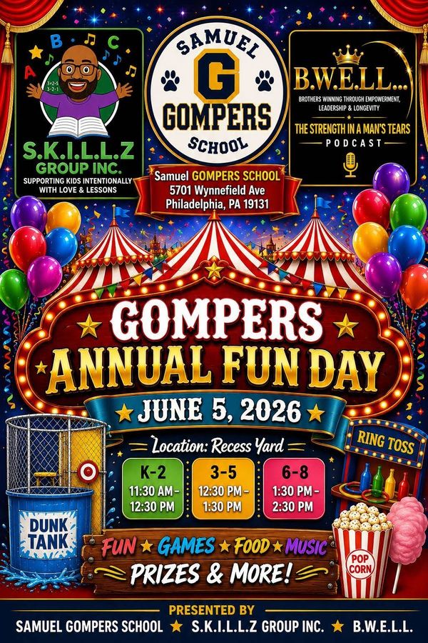 Colorful flyer for Gompers Annual Fun Day on June 5, 2026, with games, food, and prizes at Samuel Gompers School.