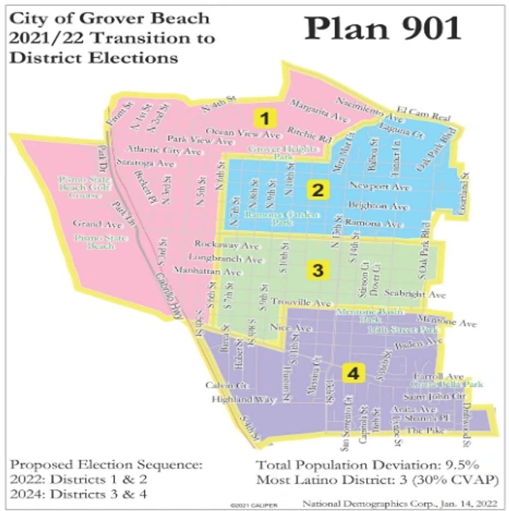 Map of the City of Grover Beach with 4 colored and numbered areas