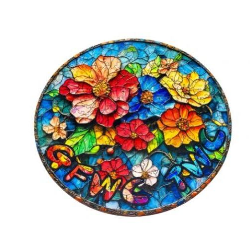 Colorful stained glass plate with vibrant flowers and letters CFWC TNHC.
