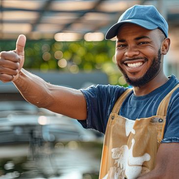 Smiling man in overalls giving a thumbs up at a car wash.