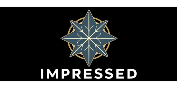 Stylized star logo above the word 'IMPRESSED' on black background.