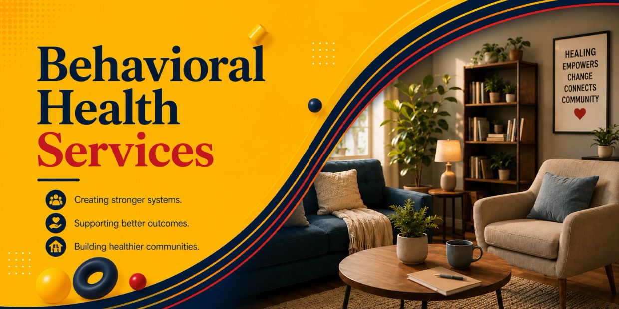 Comfortable living room setting promoting behavioral health services.