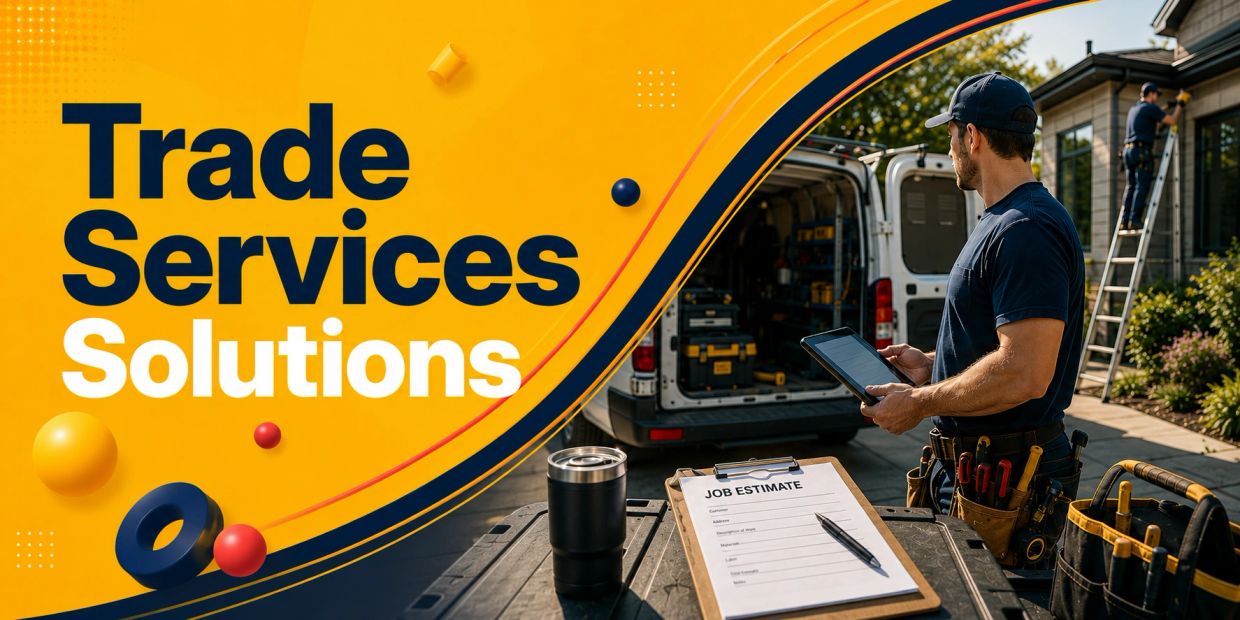 Trade services solutions with workers preparing for a job estimate.