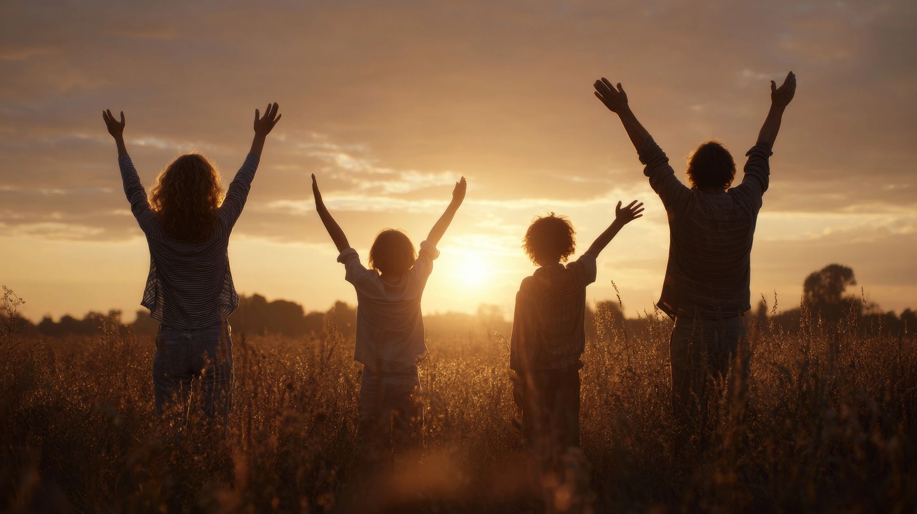 A family with raised arms enjoys a golden sunset in a field.