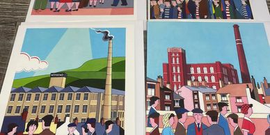 Some greetings cards designed by artist Kevin Haynes depicting scenes of Oldham's past