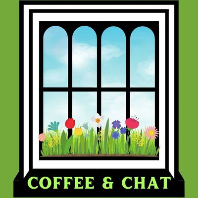An illustration of the shop's distinctive window with flowers with the words 'Coffee & Chat'
