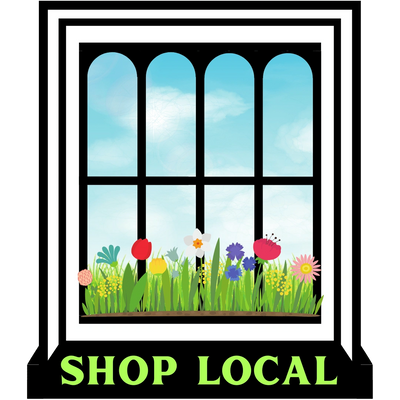 An illustration of the shop's distinctive window with flowers and the words 'Shop Local'
