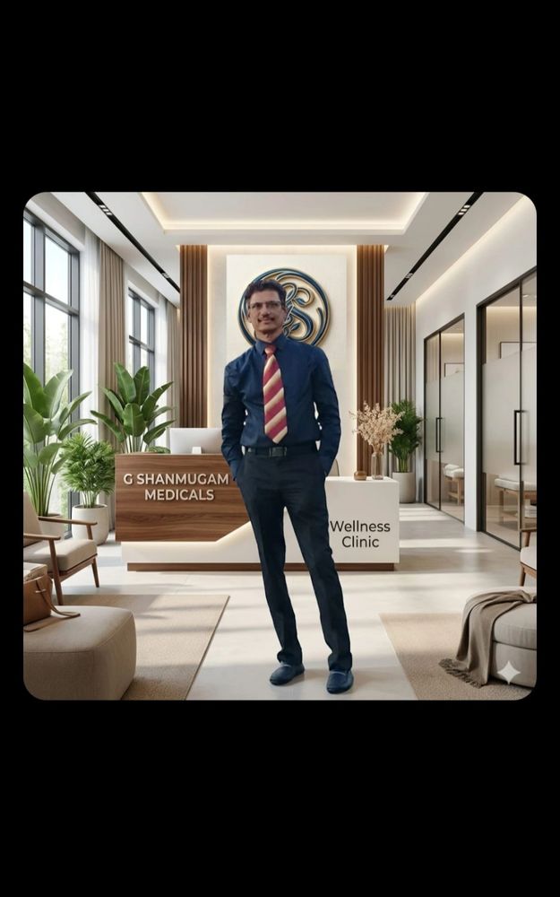 Man standing confidently in a modern medical clinic lobby.
