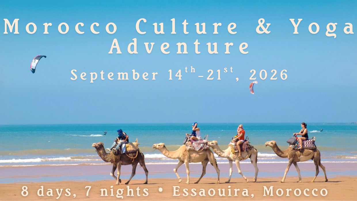 People riding camels along a beach with kite surfers in the background.