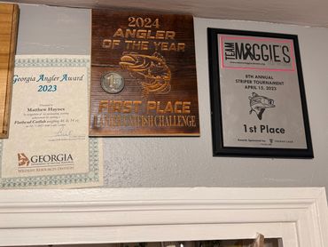 Fishing awards and certificates on a wall above a door.