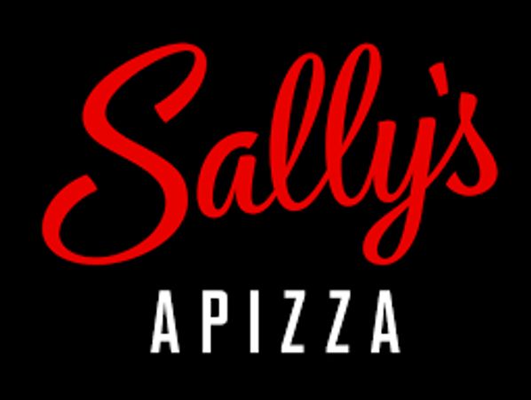 Red and white logo for Sally's A Pizza on a black background.