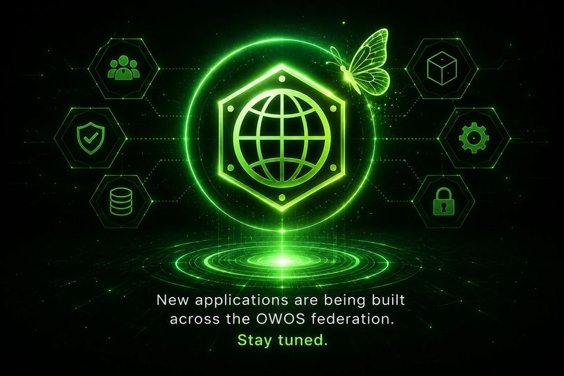 Digital green-themed futuristic network with OWOS federation message.