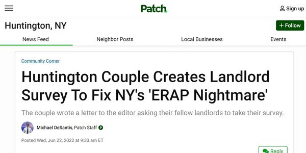 The Huntington Patch featured the Margolins and their NY State Landlord and ERAP Survey's Letter to 