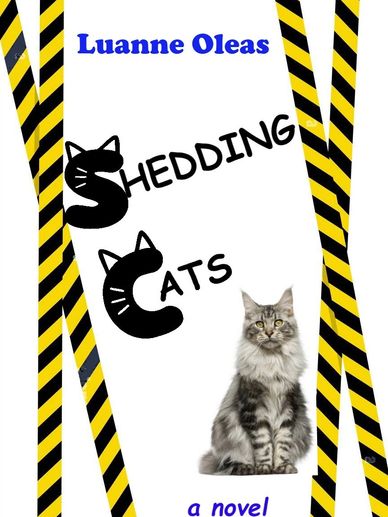 Book cover of 'Shedding Cats' featuring a gray cat and caution tape design.