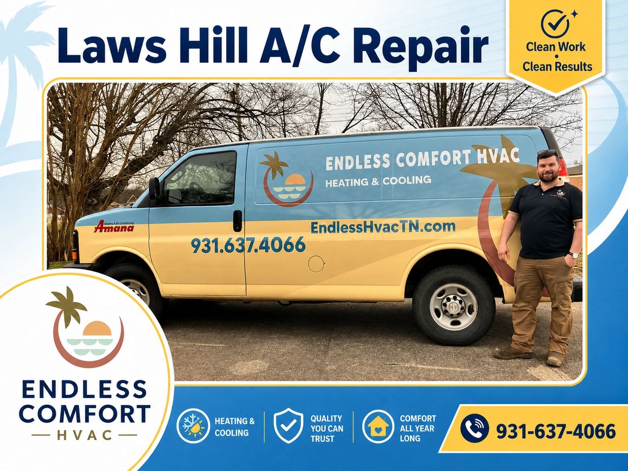 Endless Comfort HVAC service van in Middle Tn. parked outdoors with a technician standing beside it