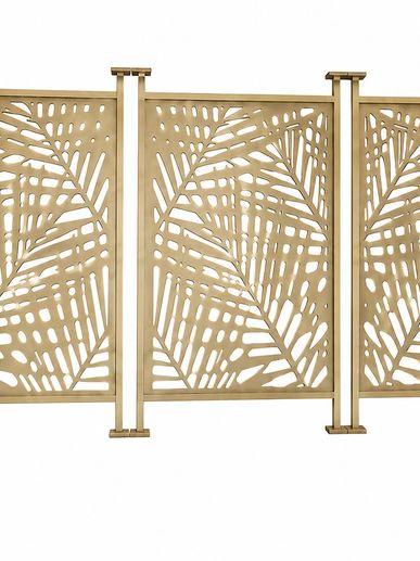 Decorative metal screen panels with a leaf pattern in gold finish.