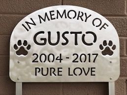 Honor your precious pet with a custom memorial sign made to hang or w/ stakes. Our design or yours!