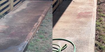 Before and after cleaning a concrete patio.