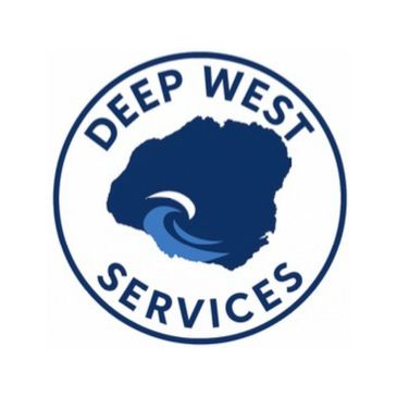 Logo of Deep West Services with a blue map and wave design.