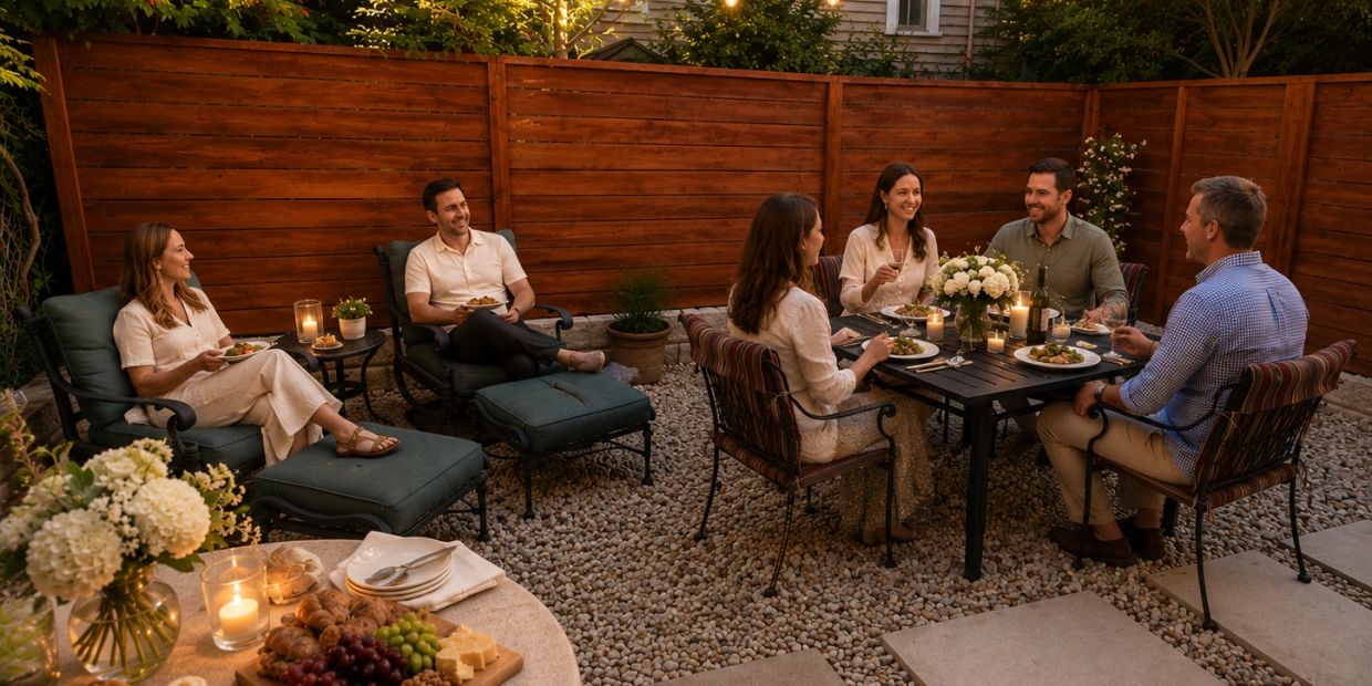 Friends enjoying a cozy outdoor dinner with candles and flowers.