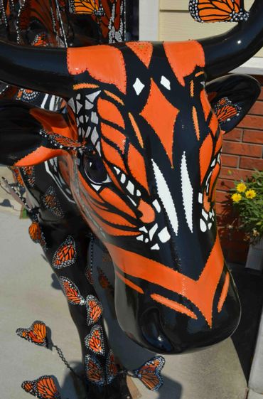 Detailed art design by the artist Deprise of Moo Monarch the butterfly cow for Cow Parade SLO