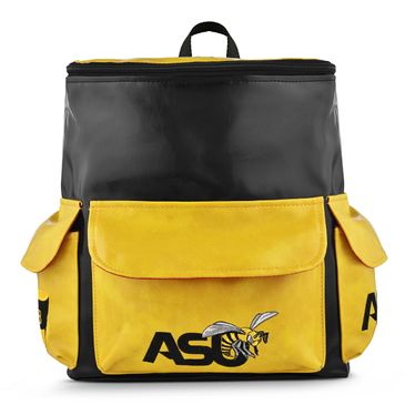 Yellow and black backpack with ASU logo featuring a hornet.