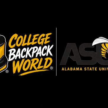 Logos of College Backpack World and Alabama State University with a black background.