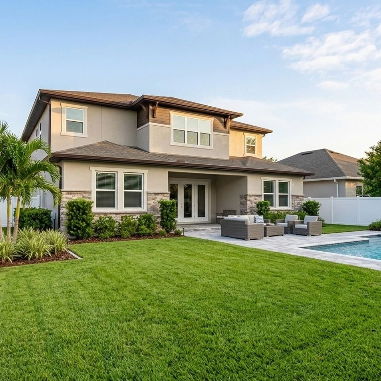 Modern two-story house with a spacious backyard and swimming pool.