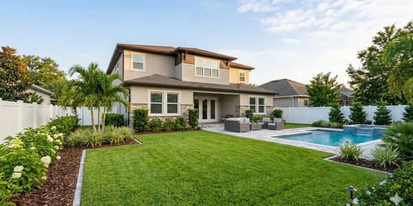 Modern two-story house with a well-maintained lawn and swimming pool.