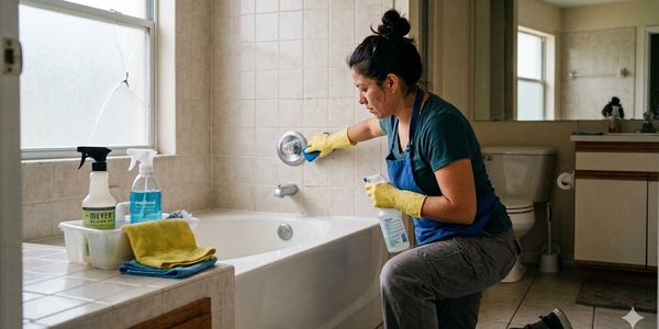 Woman cleaning a bathtub in a bathroom, wearing gloves and an apron.