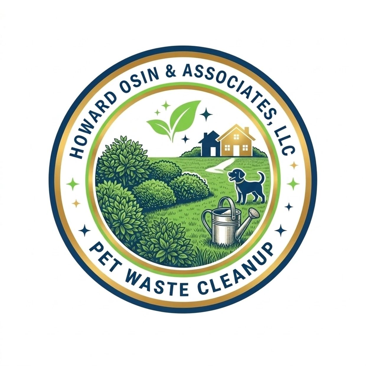 Logo of Howard Osin & Associates, LLC for pet waste cleanup with house, dog, bushes, and watering can.