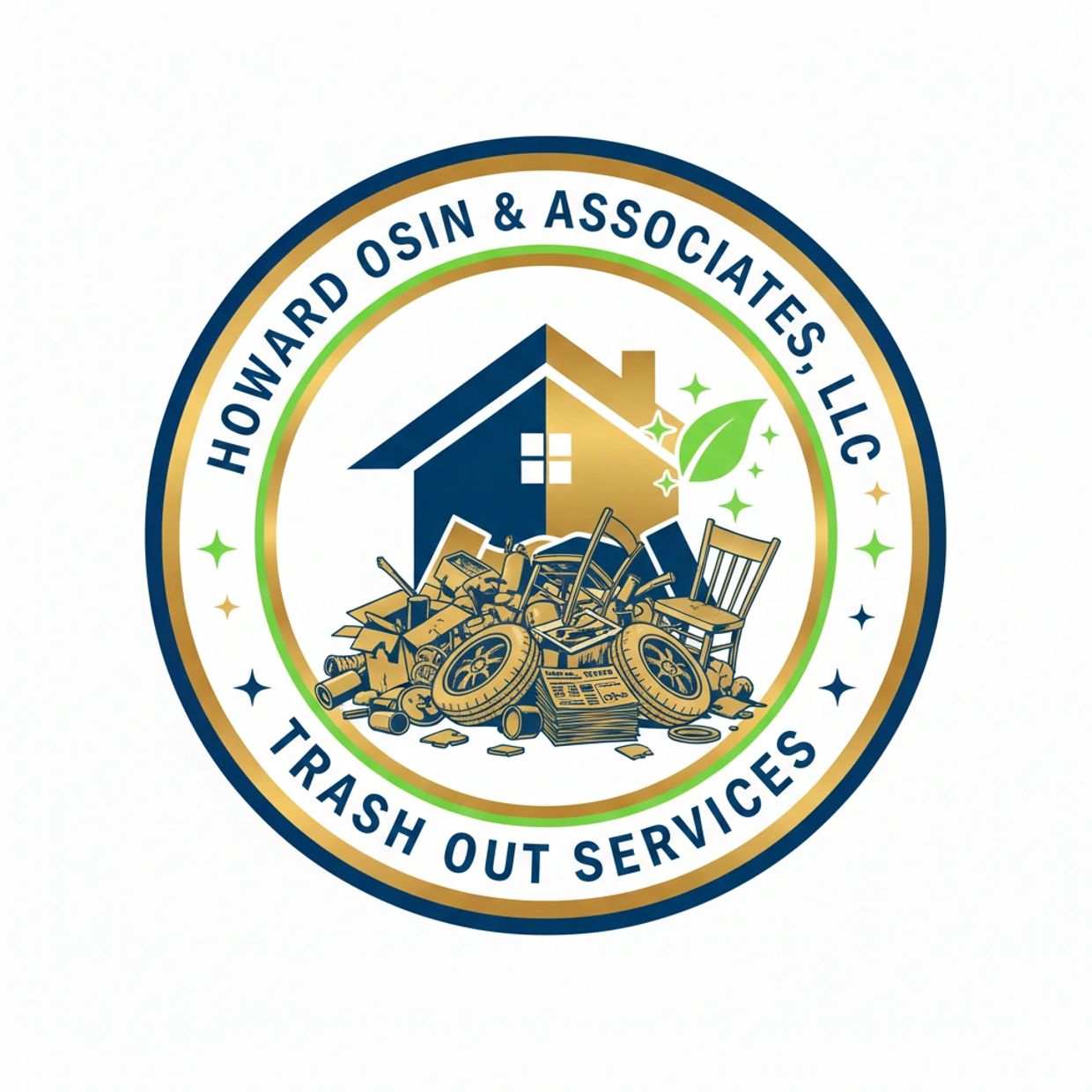 Logo of Howard Osin & Associates, LLC Trash Out Services featuring a house and trash pile.